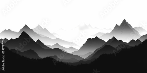 Monochrome Mountain Landscape: Black and White Scenic View of Peaks and Ridges