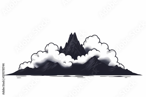 Monochrome Mountain Silhouette Vector Illustration: Abstract Clouds & Scenic View in High Altitude Art