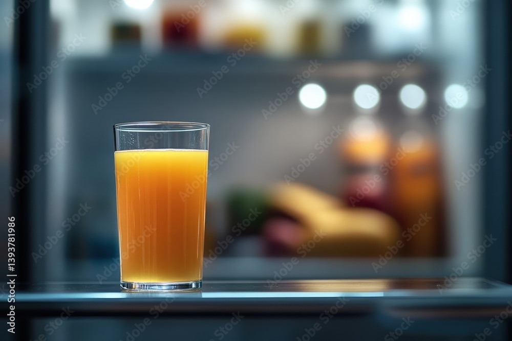 A clear glass of juice inside an open refrigerator A clear glass of juice inside an open refrigerator