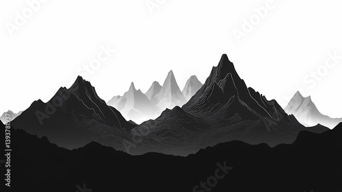 Abstract Black and White Mountain Landscape: Dramatic Sky with Silhouetted Peaks for Scenic Nature Adventure
