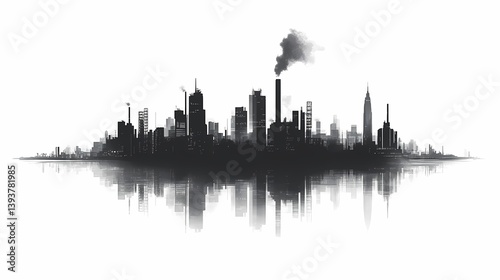 Black and White Cityscape Skyline Silhouette with Smokestack Emphasizing Urban Landscape and Environmental Issues