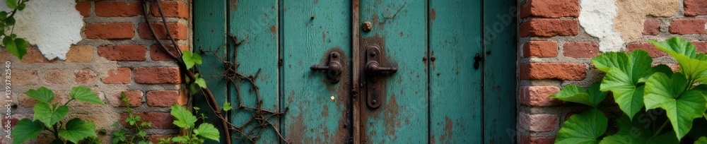 Old, weathered door with vines growing through it, decay, architecture Old, weathered door with vines growing through it, decay, architecture