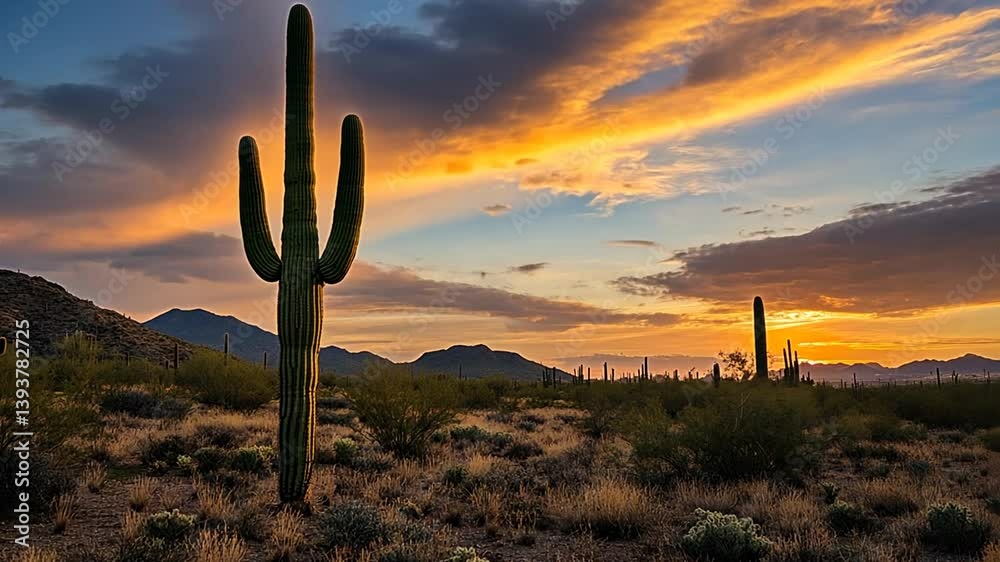 Majestic saguaro cactus silhouetted against a vibrant Arizona desert sunset landscape scene