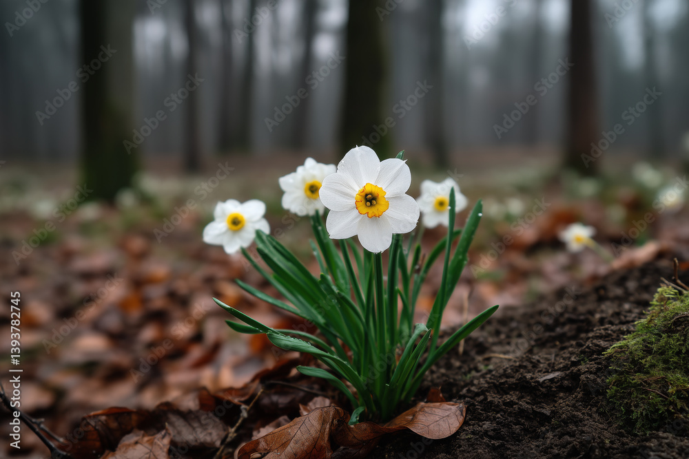 Close-up of blooming white daffodils with yellow centers growing in forest soil among fallen leaves, early spring flower scene with blurred trees in background