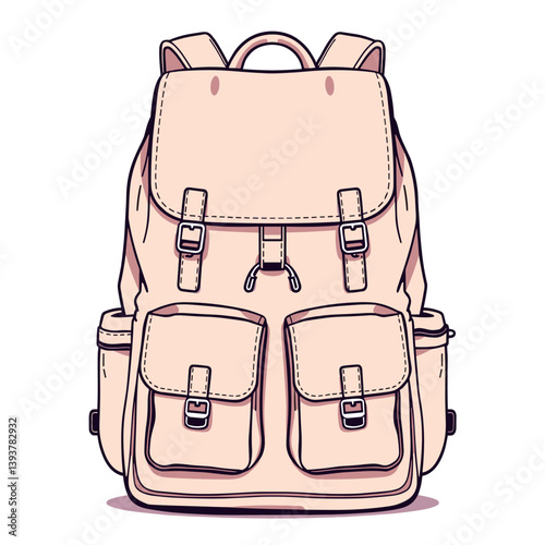  A light beige backpack with multiple pockets and straps, suggesting travel, school, or everyday carrying needs.