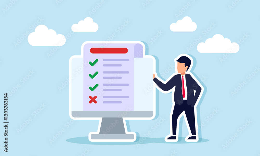 A businessman stands next to a monitor showing a checklist with check and uncheck marks, illustration of task list or product approval and rejection A businessman stands next to a monitor showing a checklist with check and uncheck marks, illustration of task list or product approval and rejection