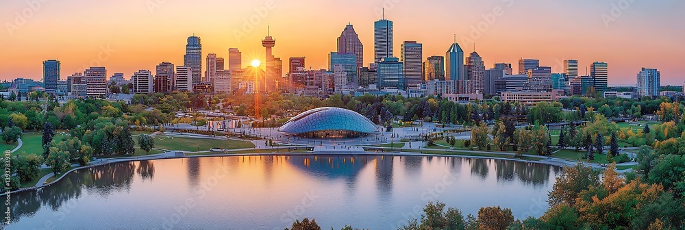 Sunrise over a city park, reflecting in a calm lake Sunrise over a city park, reflecting in a calm lake