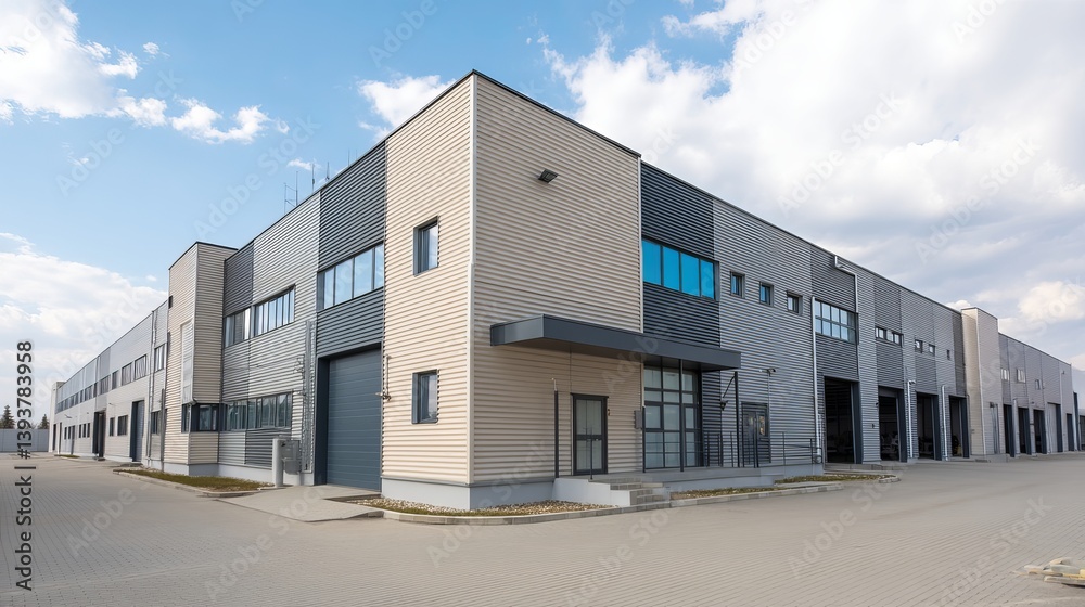 Fototapeta premium Modern Industrial Building Exterior Design Beige Gray Metal Facade Commercial Real Estate Property Architecture New Construction Development Business