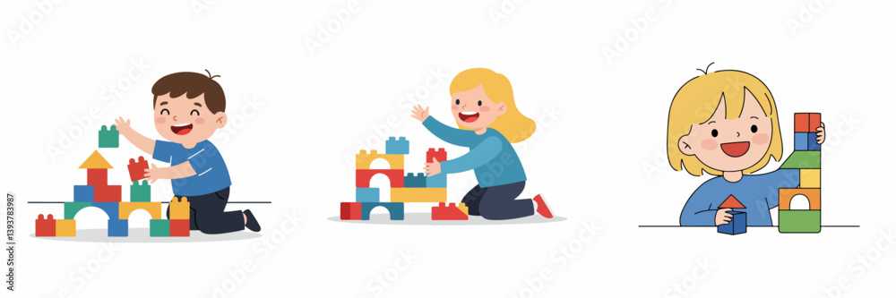Set of Happy Children Playing with Building Blocks Set of Happy Children Playing with Building Blocks