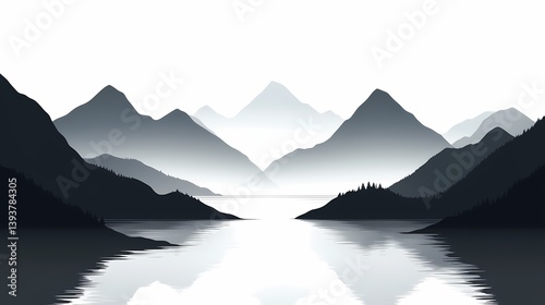 Monochrome Mountain Range: Peaceful Lake Reflections in Black and White Nature Art