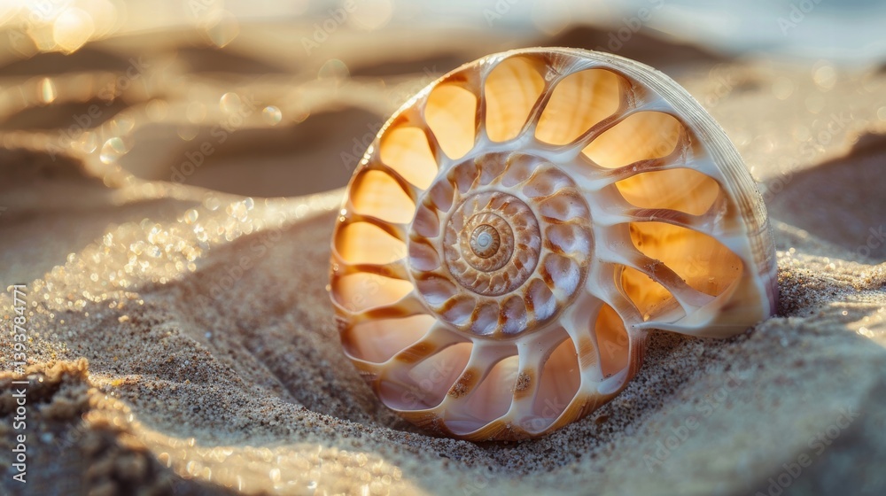 Nautilus Shell Close-Up on Sandy Beach at Sunset