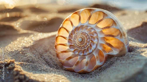 Obraz na płótnie Nautilus Shell Close-Up on Sandy Beach at Sunset w salonie
