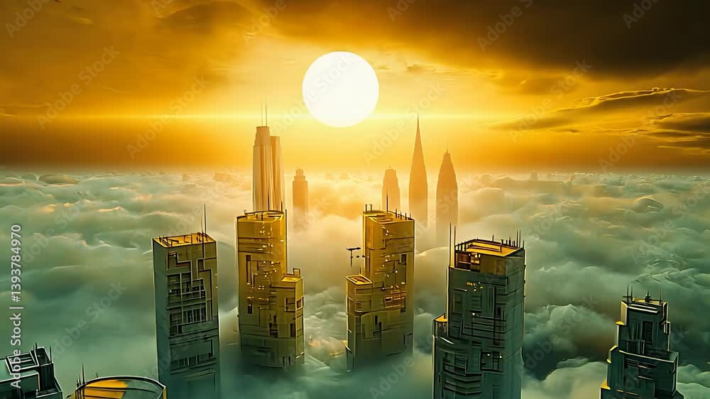 City Skyline Above the Clouds at Sunset with Tall Skyscrapers and Sun Glow

