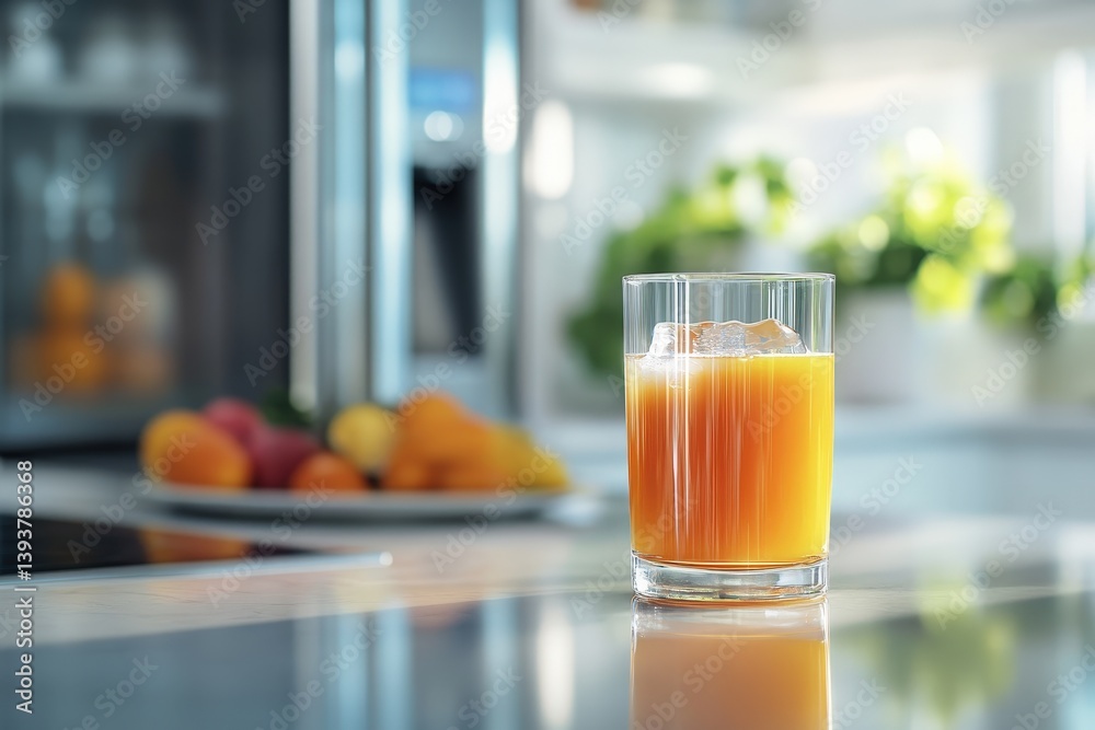 Refreshing glass of juice with ice cubes on a countertop Refreshing glass of juice with ice cubes on a countertop