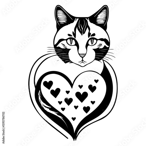 Elegant feline portrait with heart motif, a stylized black and white drawing