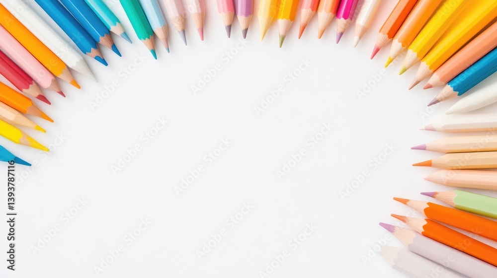 Fototapeta premium Colorful pencils arranged in a semi-circle on a white background, showcasing vibrant hues and creative composition, and top view.
