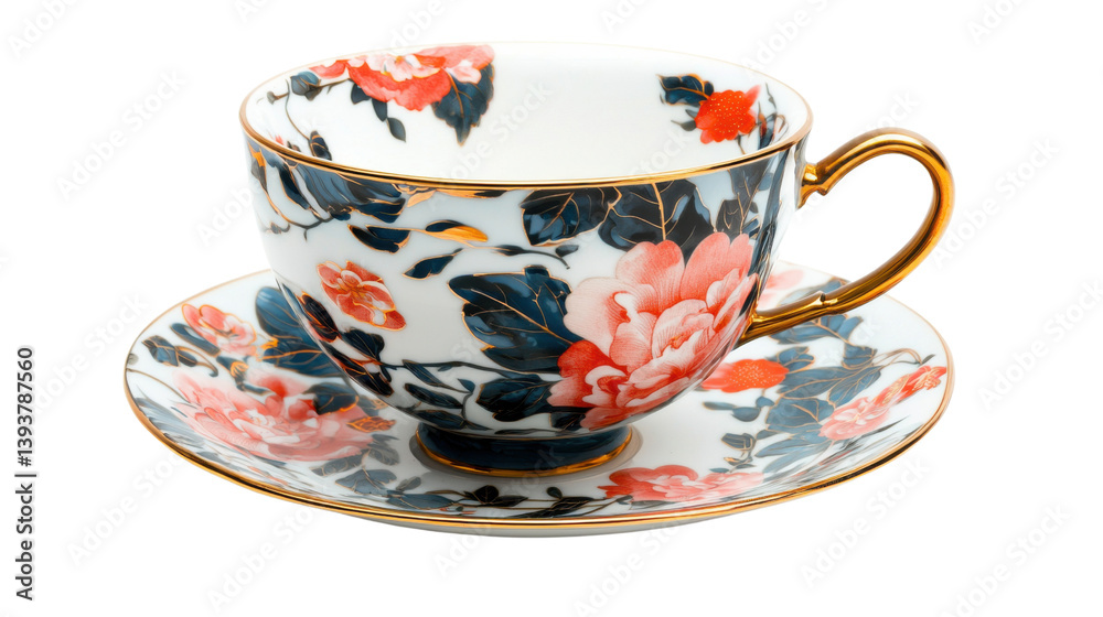 Elegant and ornate ceramic cup and saucer featuring a vibrant floral pattern in shades of red pink and gray with a decorative gold tone handle Elegant and ornate ceramic cup and saucer featuring a vibrant floral pattern in shades of red pink and gray with a decorative gold tone handle