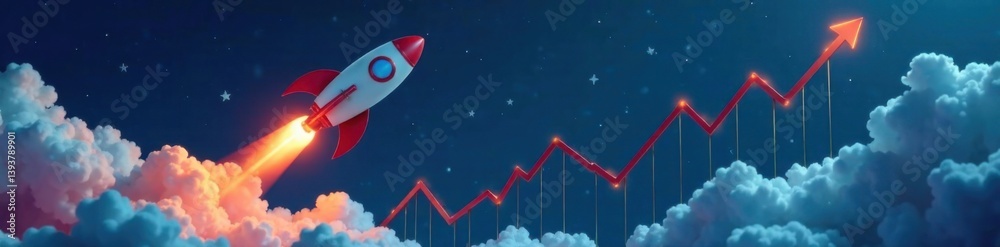 Rocket soaring into the sky with a rising chart on a dark blue background, graph, business growth Rocket soaring into the sky with a rising chart on a dark blue background, graph, business growth