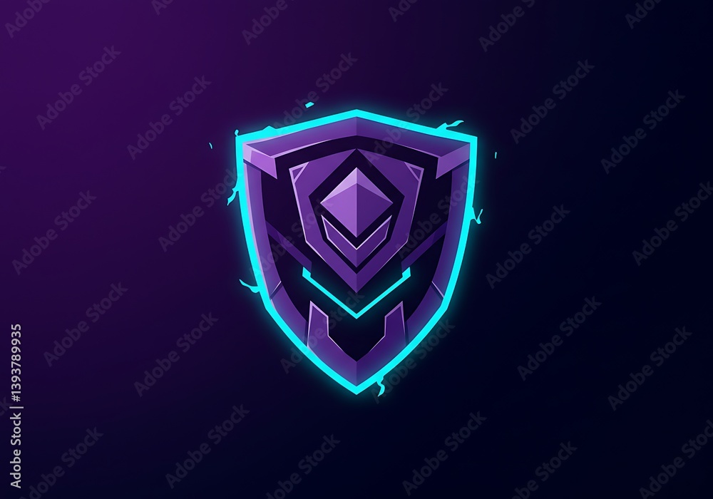Fototapeta premium Glowing Shield Emblem Graphic with Neon Blue Outline on Dark Background