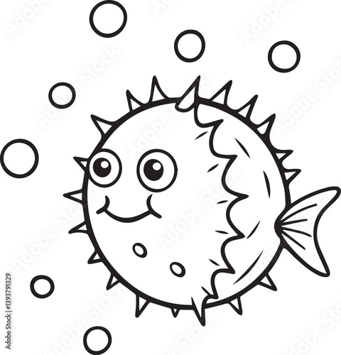 funny fish cartoon illustration, puffer fish vector illustration, puffer fish silhouette vector black and white