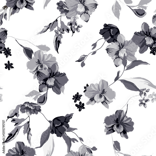 Floral seamless pattern features orchids and leaves in various shades of gray on white background. The flowers and leaves have a painterly, slightly abstract quality