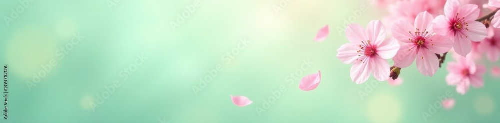 Pink sakura petals falling softly on a pastel green background, pastel colors, delicate details Pink sakura petals falling softly on a pastel green background, pastel colors, delicate details