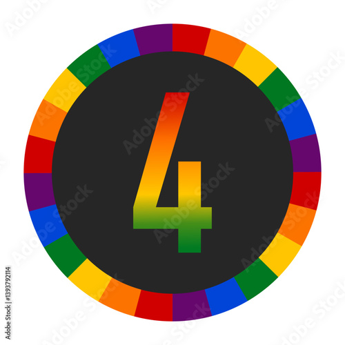 LGBTQ Rainbow Number “4” Icon - Bold Number 4 with Vibrant Rainbow Gradient on Black Background, Encircled by a Multicolor Ring Representing Pride and Inclusivity.