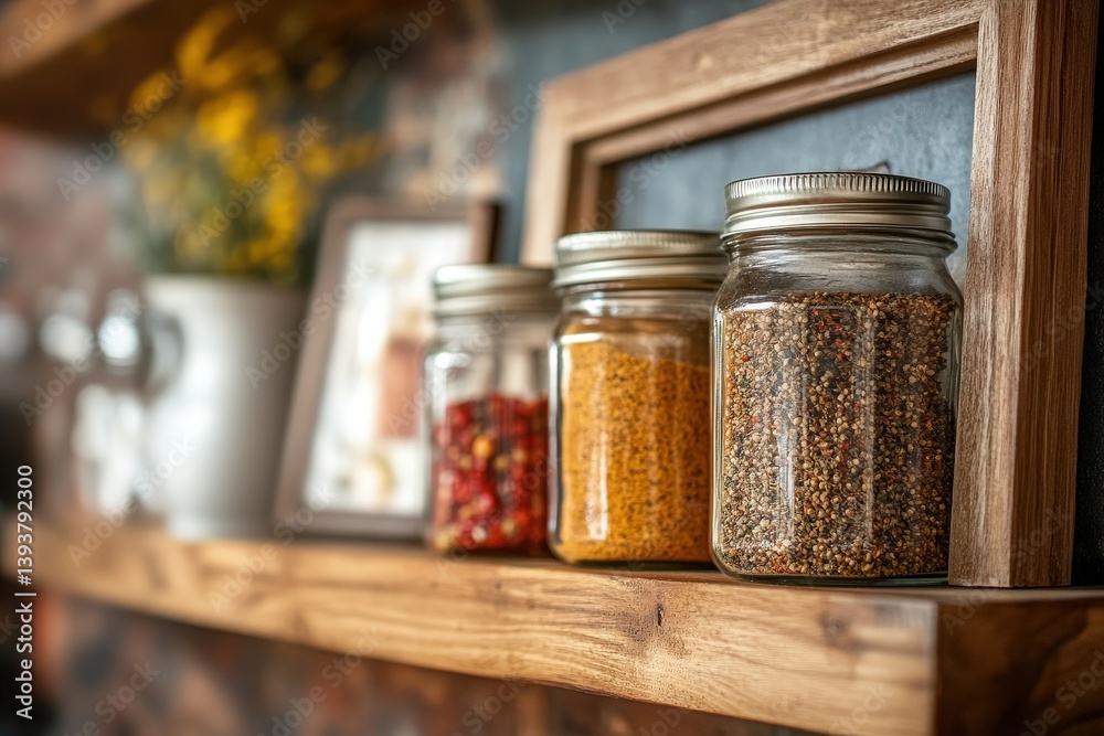 Several glass jars filled with spices on a wooden shelf Several glass jars filled with spices on a wooden shelf