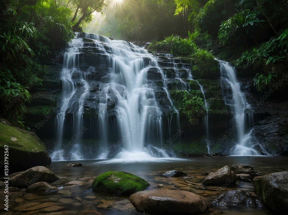 Obraz premium Discover the Highland Charm of Glenfall Waterfall: A Scenic Sri Lankan Wonder Where Gushing Streams, Lush Green Slopes, and Mountain Air Create a Perfect Nature Retreat