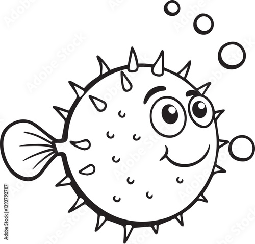 funny fish cartoon illustration, puffer fish vector illustration, puffer fish silhouette vector black and white