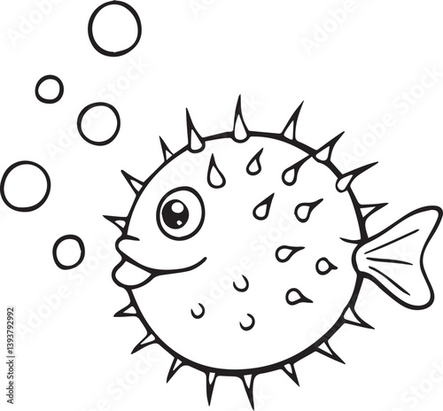 funny fish cartoon illustration, puffer fish vector illustration, puffer fish silhouette vector black and white