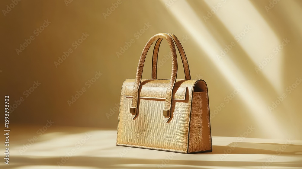 Fototapeta premium A structured handbag with geometric details, placed on a light backdrop with space around it for logos or advertising text.