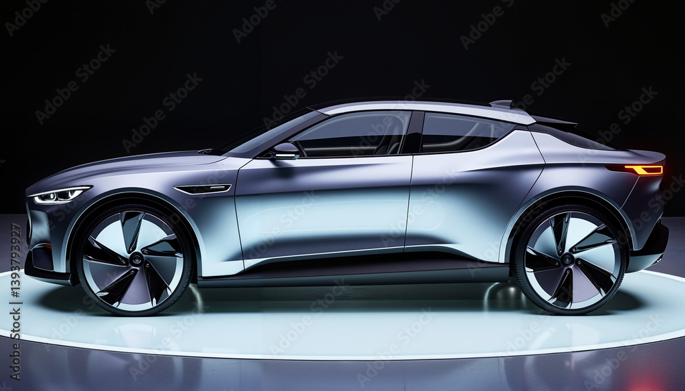 Futuristic Car on Display at Auto Show Against Dark Backdrop – Concept Vehicle Showcase, Automotive Innovation, and Exhibition Highlight Futuristic Car on Display at Auto Show Against Dark Backdrop – Concept Vehicle Showcase, Automotive Innovation, and Exhibition Highlight