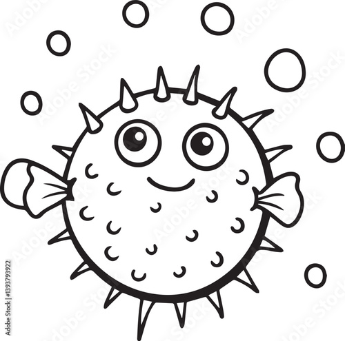 funny fish cartoon illustration, puffer fish vector illustration, puffer fish silhouette vector black and white