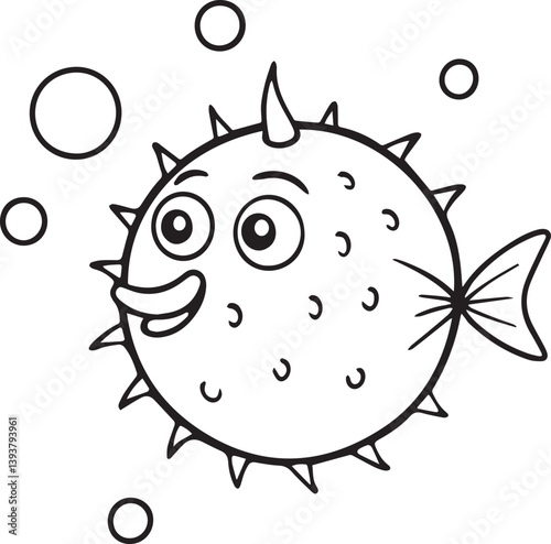 funny fish cartoon illustration, puffer fish vector illustration, puffer fish silhouette vector black and white