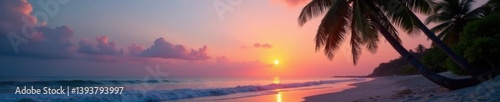 Palm trees sway gently on sandy beach at dusk, sunset, ocean