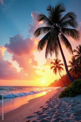 Palm trees stand tall on a serene sandy beach at sunset, palm trees, seaside landscape, blur