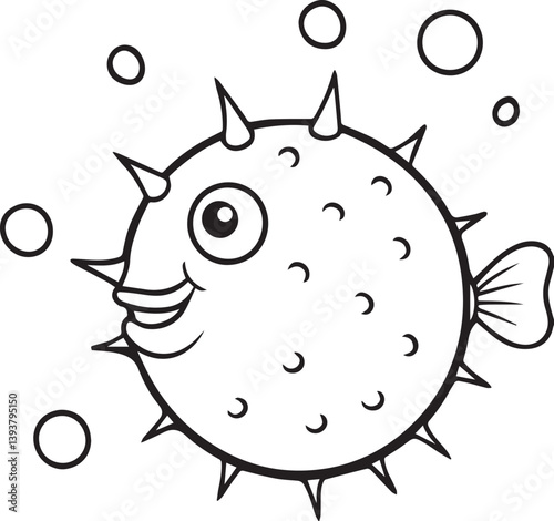 funny fish cartoon illustration, puffer fish vector illustration, puffer fish silhouette vector black and white