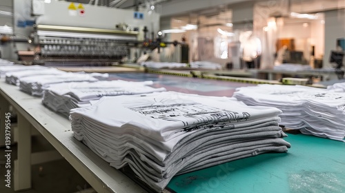 Stacks of Freshly Printed White T Shirts Apparel Factory Production Line Modern Clothing Industry Textile Manufacturing Process New Designs Ready for 