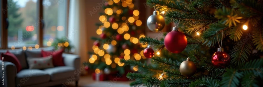Ornamented Christmas tree with hanging ornaments and lights in a warm and cozy living room, home interior, lights