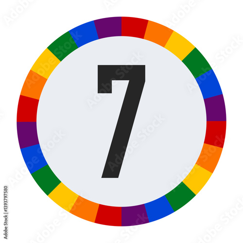 Bold Number 7 in Center of Colorful Circular Rainbow Border on Light Gray Background.