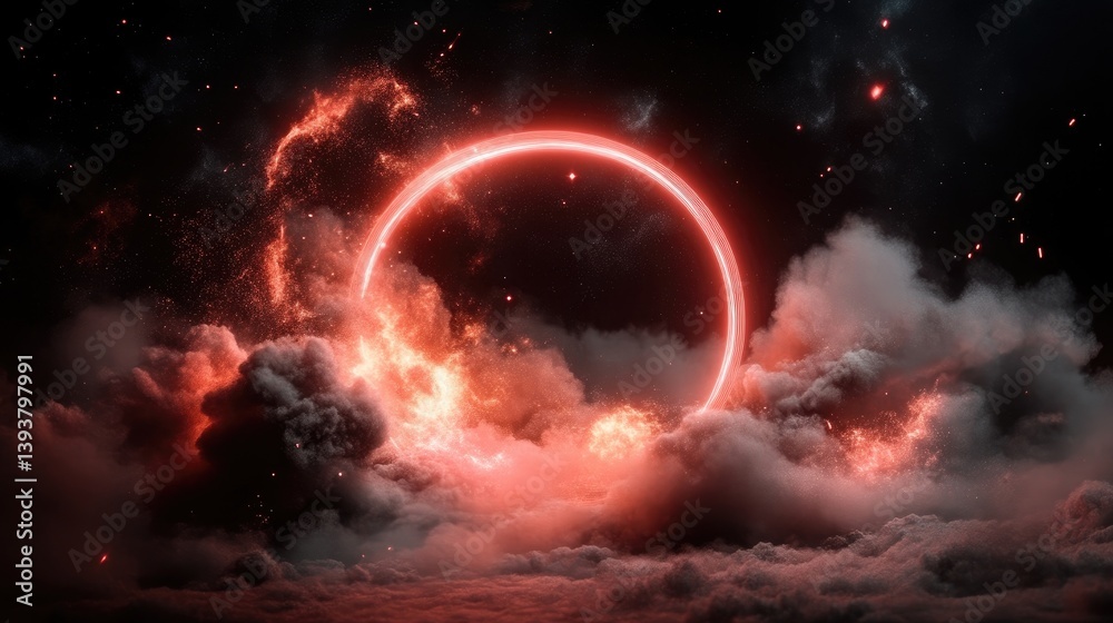 Obraz premium Fiery, glowing ring encircled by smoke clouds in a dark cosmos