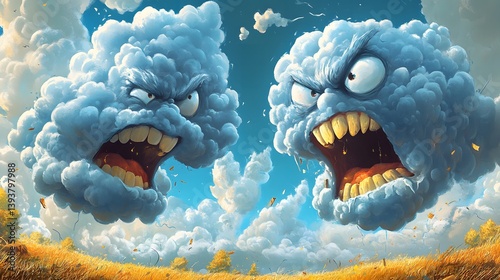 Smiling hot air balloon floating in a sunny cartoon sky with clouds