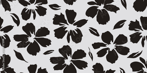 flowers abstract hand drawn vector seamless pattern. Black flower silhouettes. Design for fabric, cover, wrapping, wallpaper. grey background