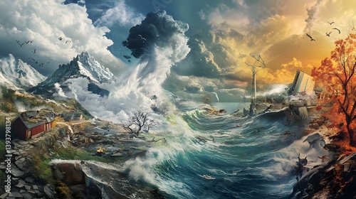Mountain landscape under cloudy sky by the sea at sunrise