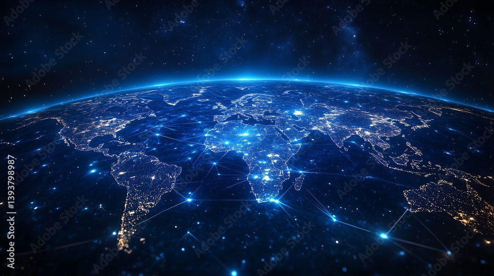 Obraz premium Global Communication Depicted with World Map from Space at Night, Highlighting 5G Connection Zones