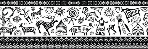 Ethnic seamless border on the theme of rock paintings, petroglyphs and geometric pattern, vector design, banner