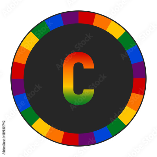LGBTQ Rainbow Gradient Lowercase Letter “c” Icon - Bold Letter c with Vibrant Rainbow Gradient on Black Background, Pride and Inclusivity, enclosed in a black frame.