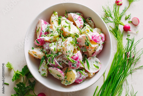 Radish and chive potato salad with mustard dressing