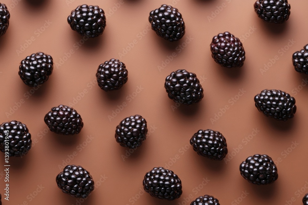 A collection of juicy blackberries scattered across a brown surface A collection of juicy blackberries scattered across a brown surface